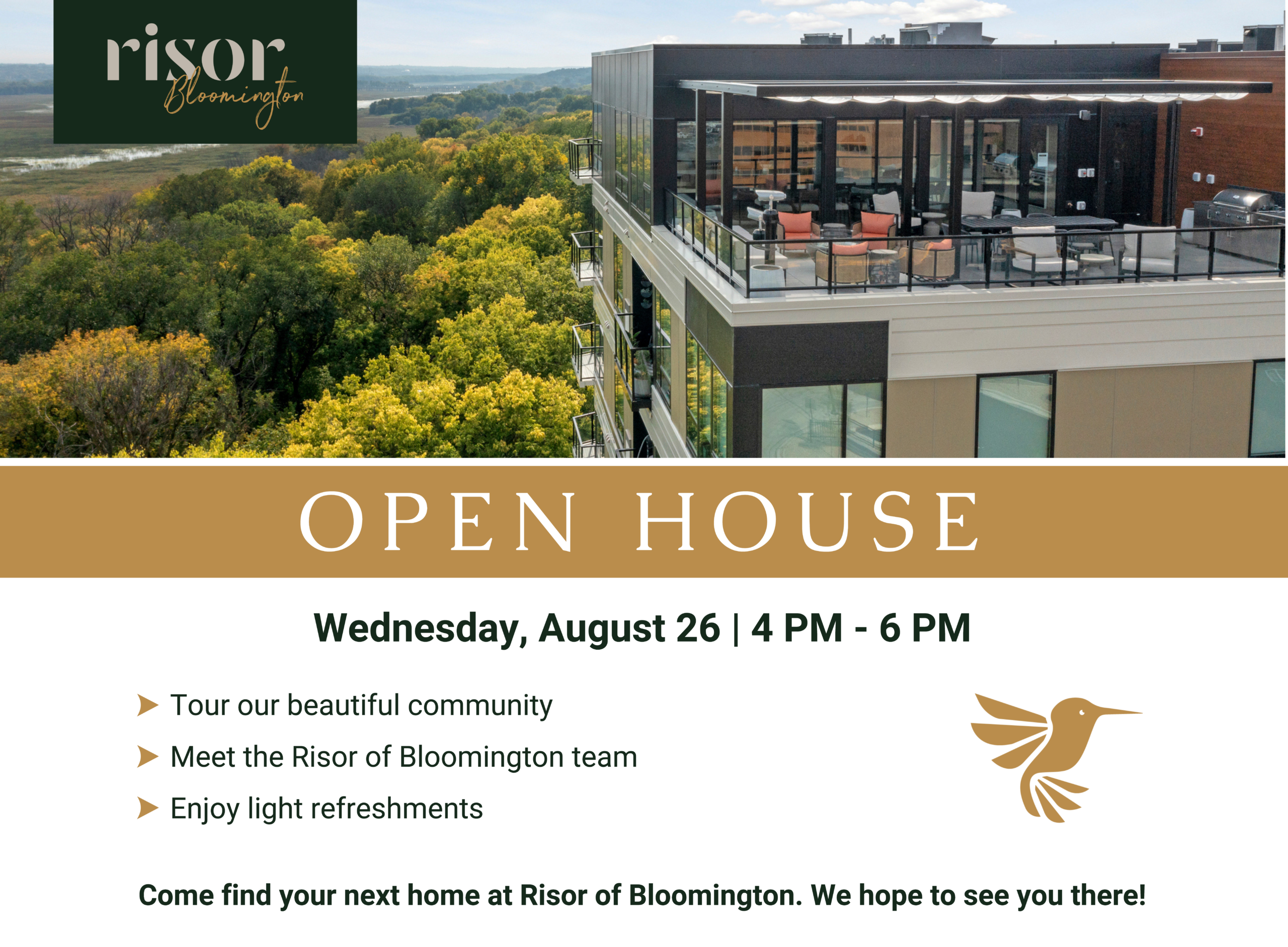 Open House flyer for Risor of Bloomington featuring community photos, event details for Wednesday, August 26 from 4–6 PM, tours, refreshments, and an invitation to find your next home.